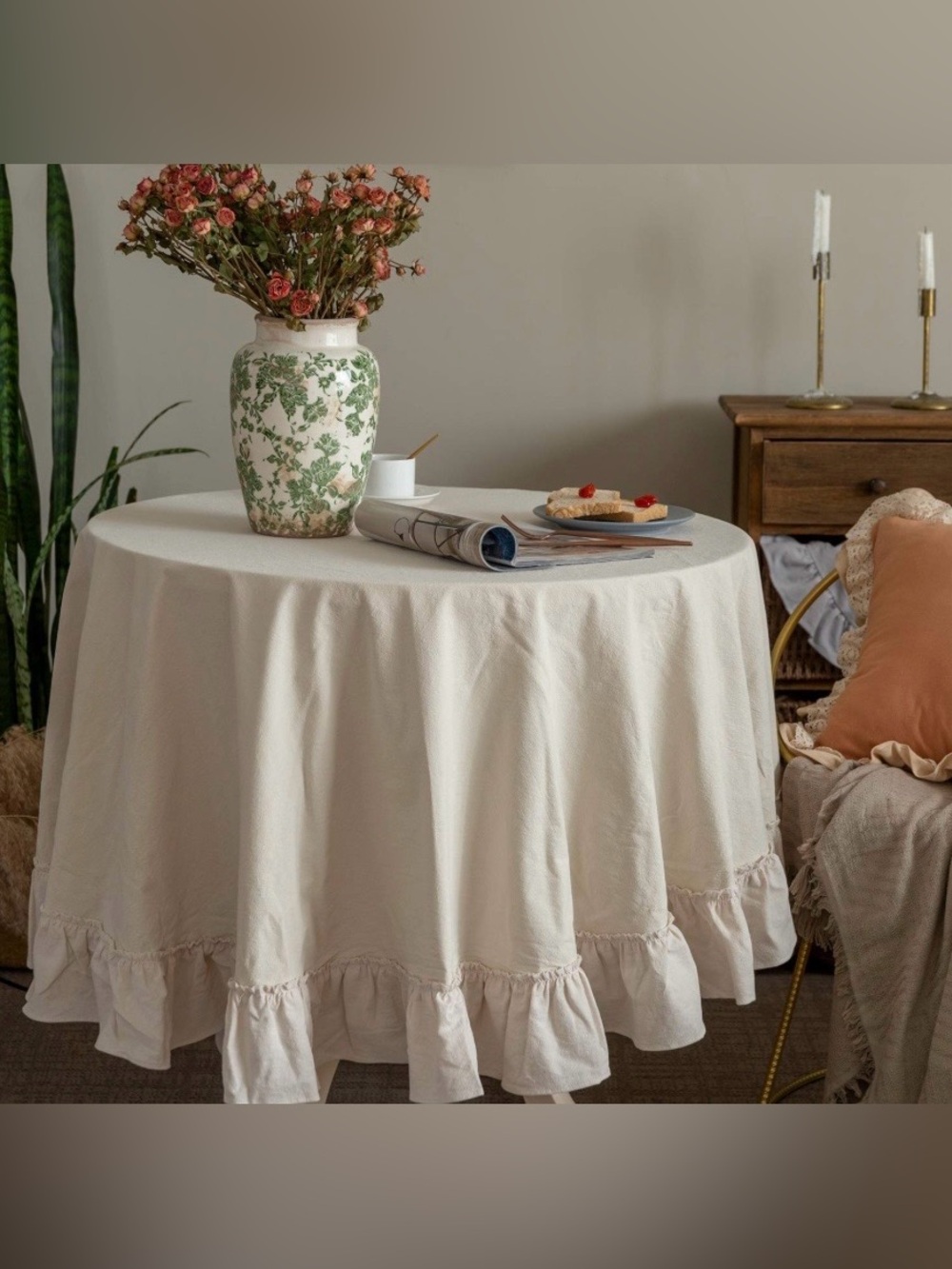 Farmhouse Ruffled Tablecloth 100% Cotton 70” Round - BEIGE
